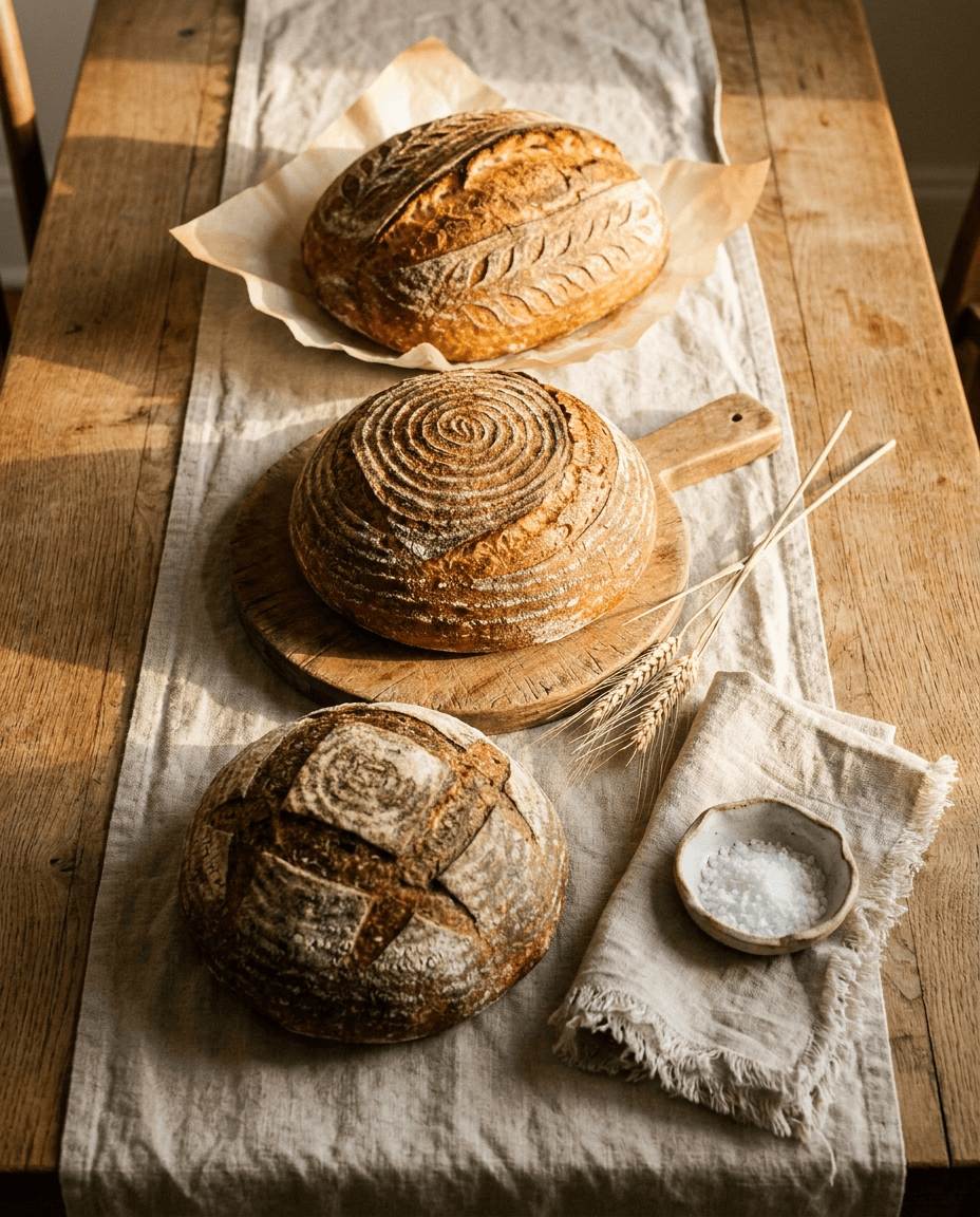 Four sourdough loaves on white marble